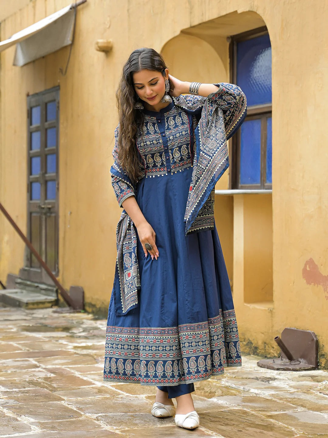 Blue Paisley Print Cotton Anarkali Kurta Pant Set With Dupatta