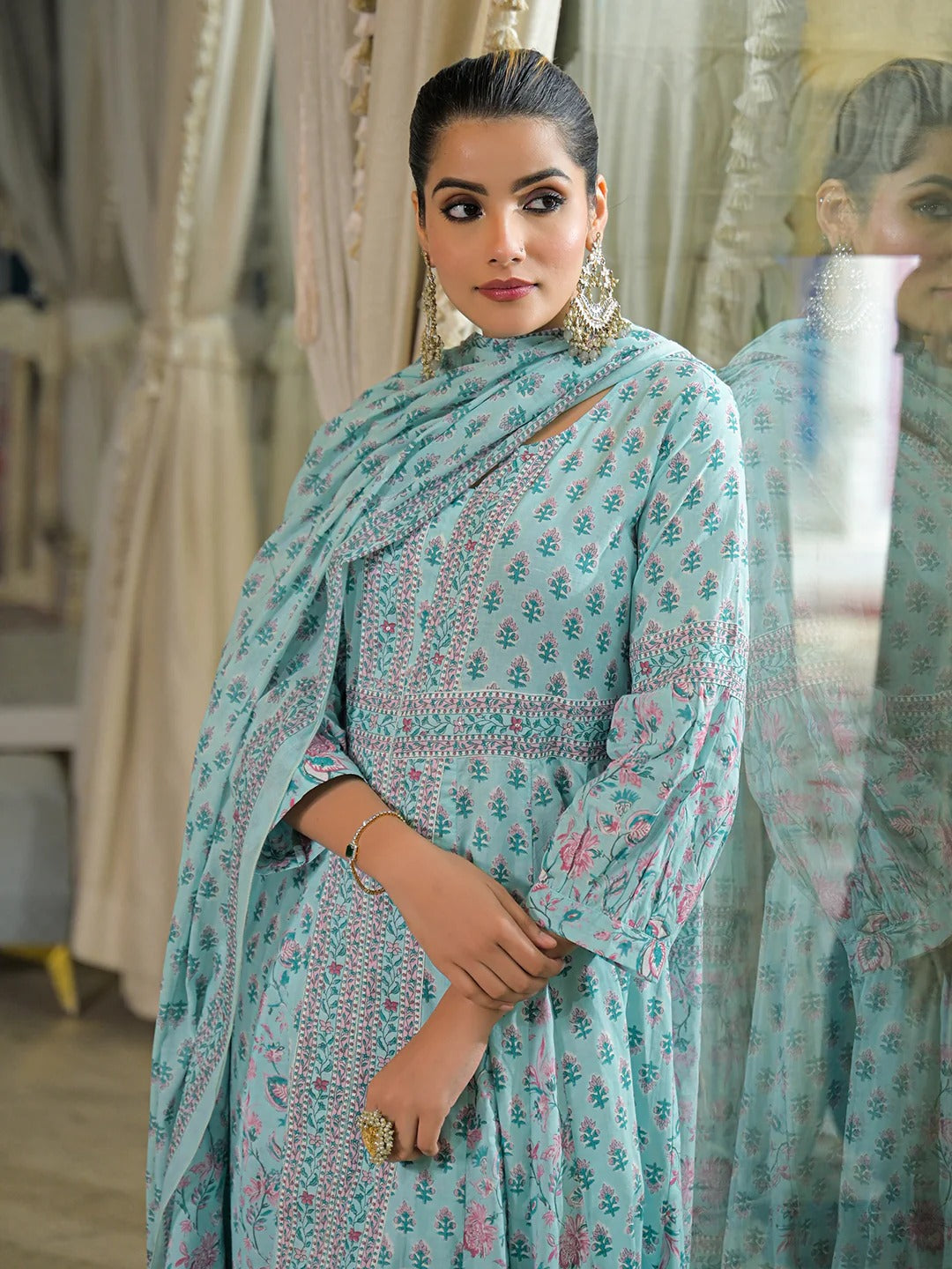 Sky Blue Ethnic Motif Cotton Anarkali Kurta Pant With Dupatta