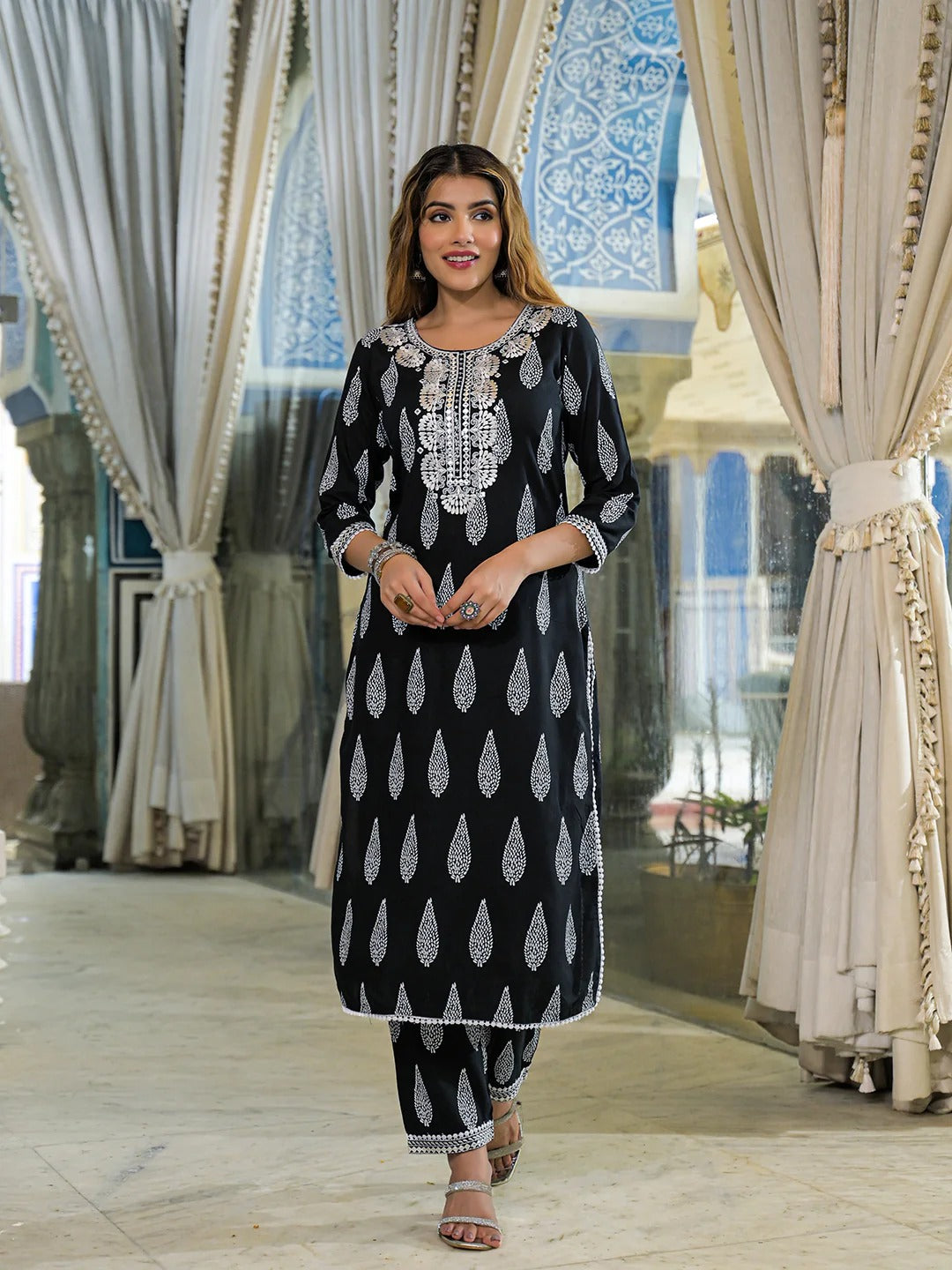 Black Embroidered Cotton Straight Kurta Pant Set With Dupatta