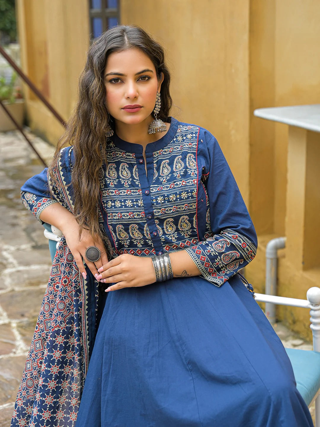 Blue Paisley Print Cotton Anarkali Kurta Pant Set With Dupatta