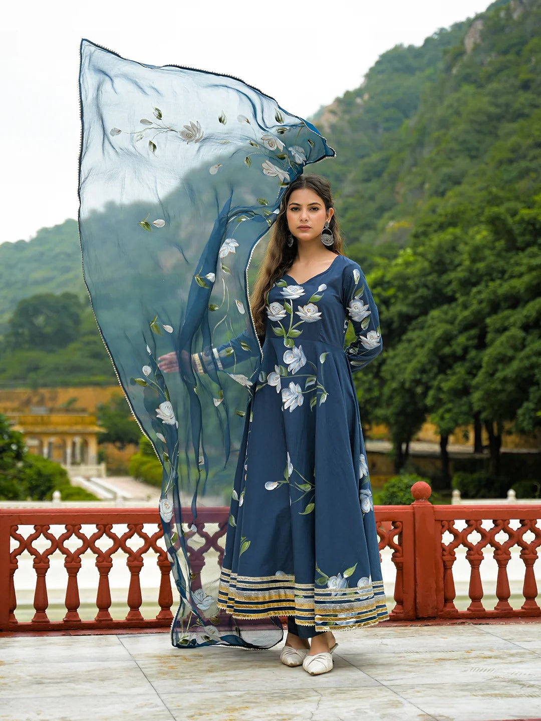Blue Hand Painted Cotton Anarkali Kurta Pant With Dupatta