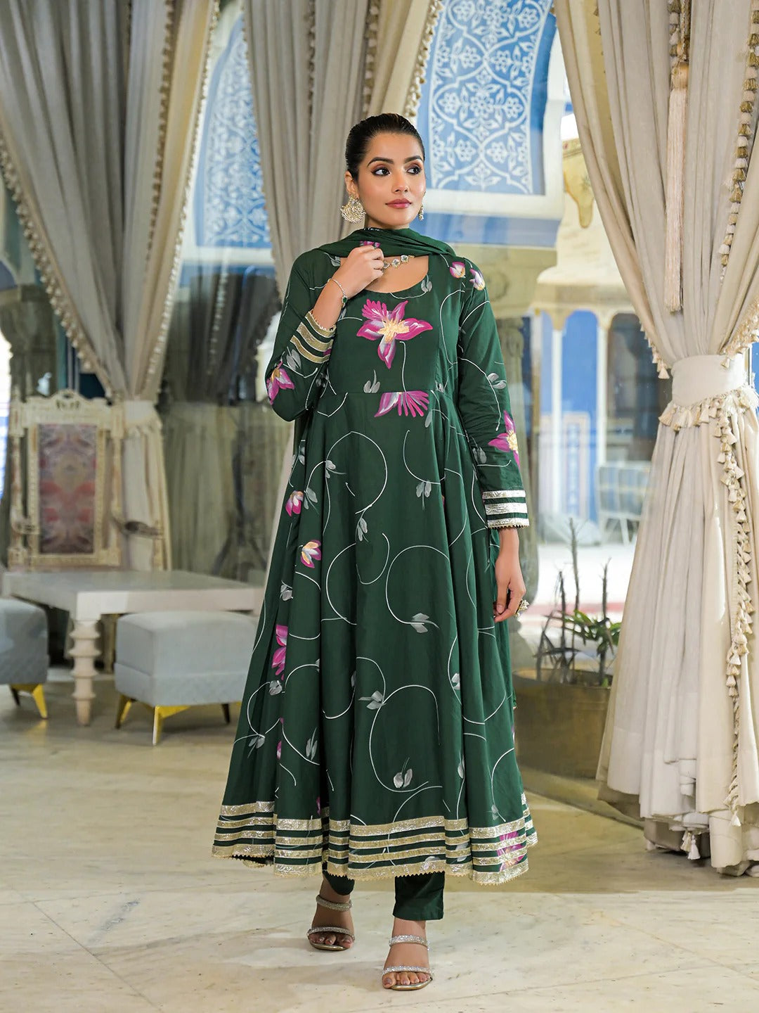 Dark Green Hand Painted Cotton Anarkali Kurta Pant With Dupatta