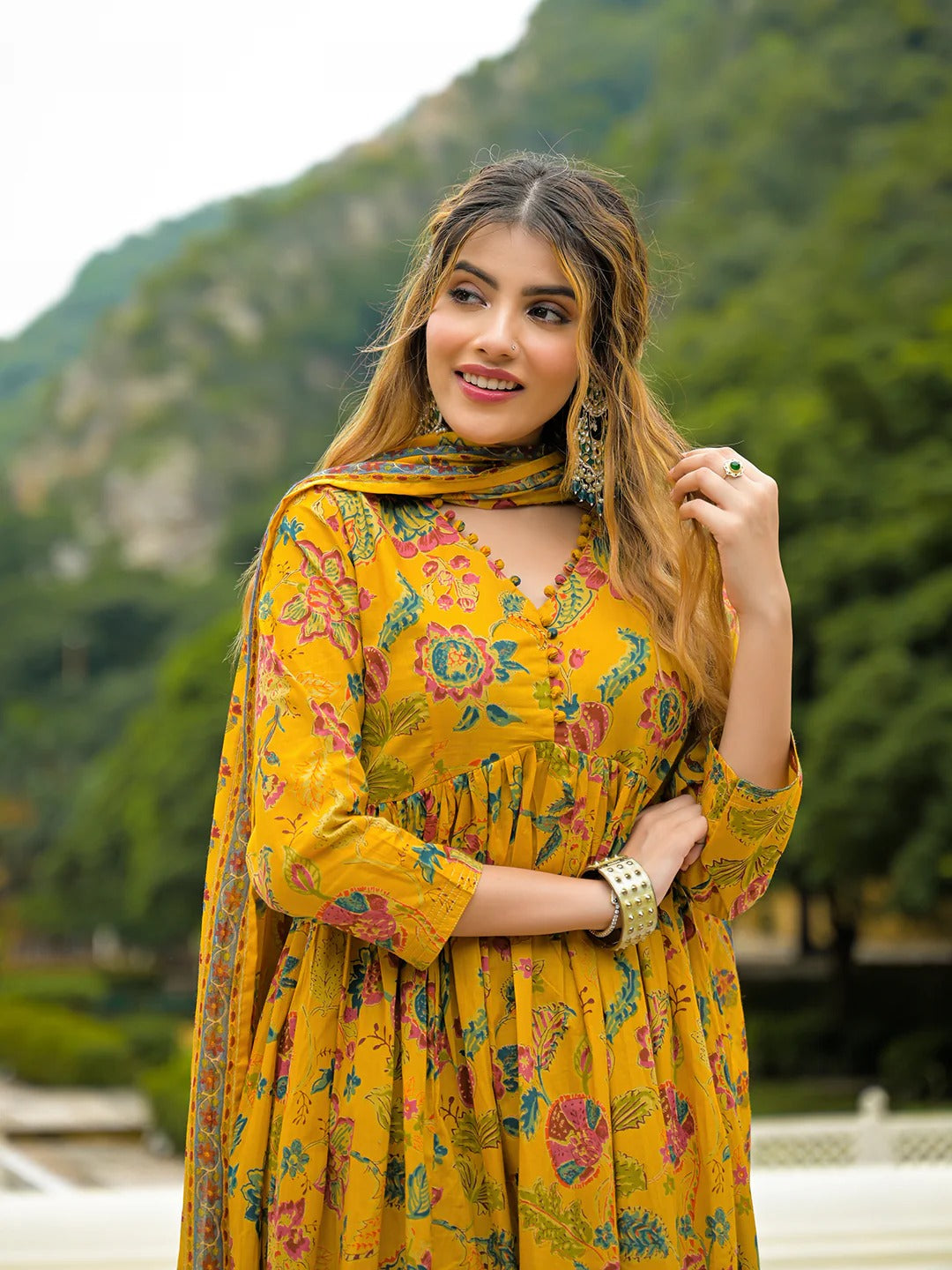 Mustard Floral Print Cotton Anarkali Kurta Pant Set With Dupatta