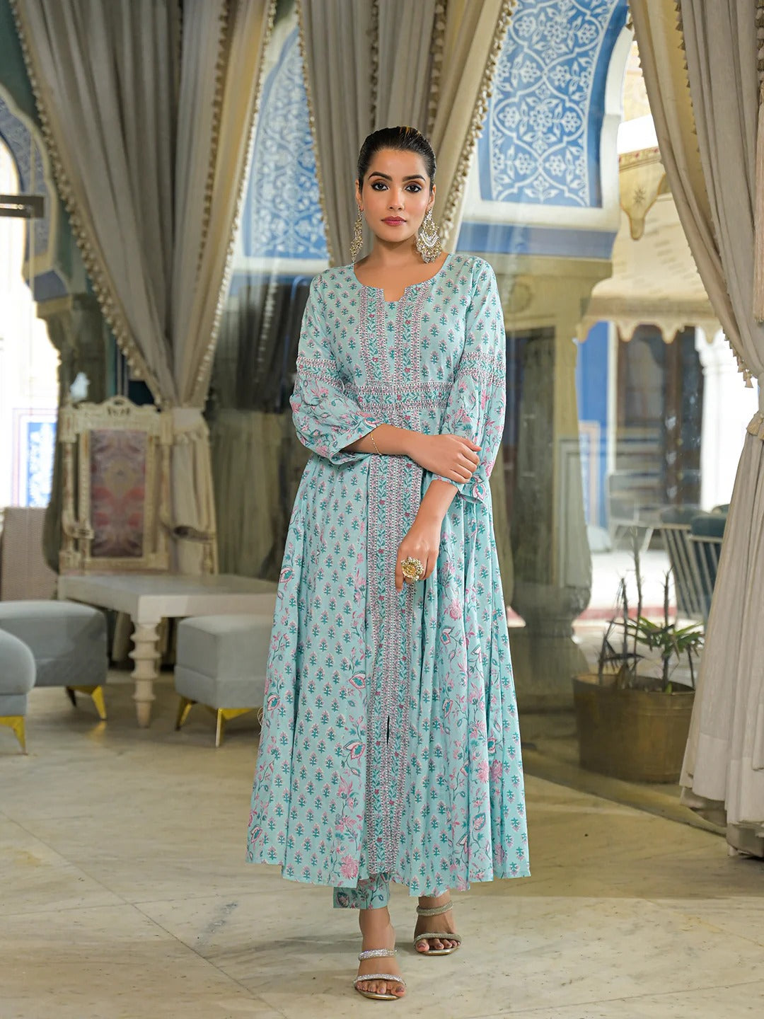 Sky Blue Ethnic Motif Cotton Anarkali Kurta Pant With Dupatta