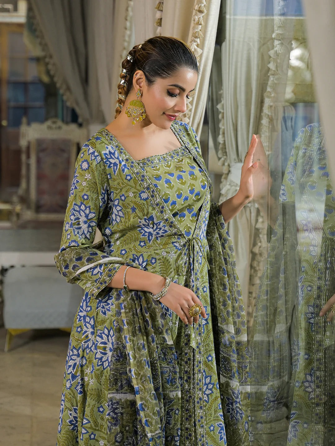 Green Hand Block Cotton Anarkali Kurta Pant With Dupatta & jacket