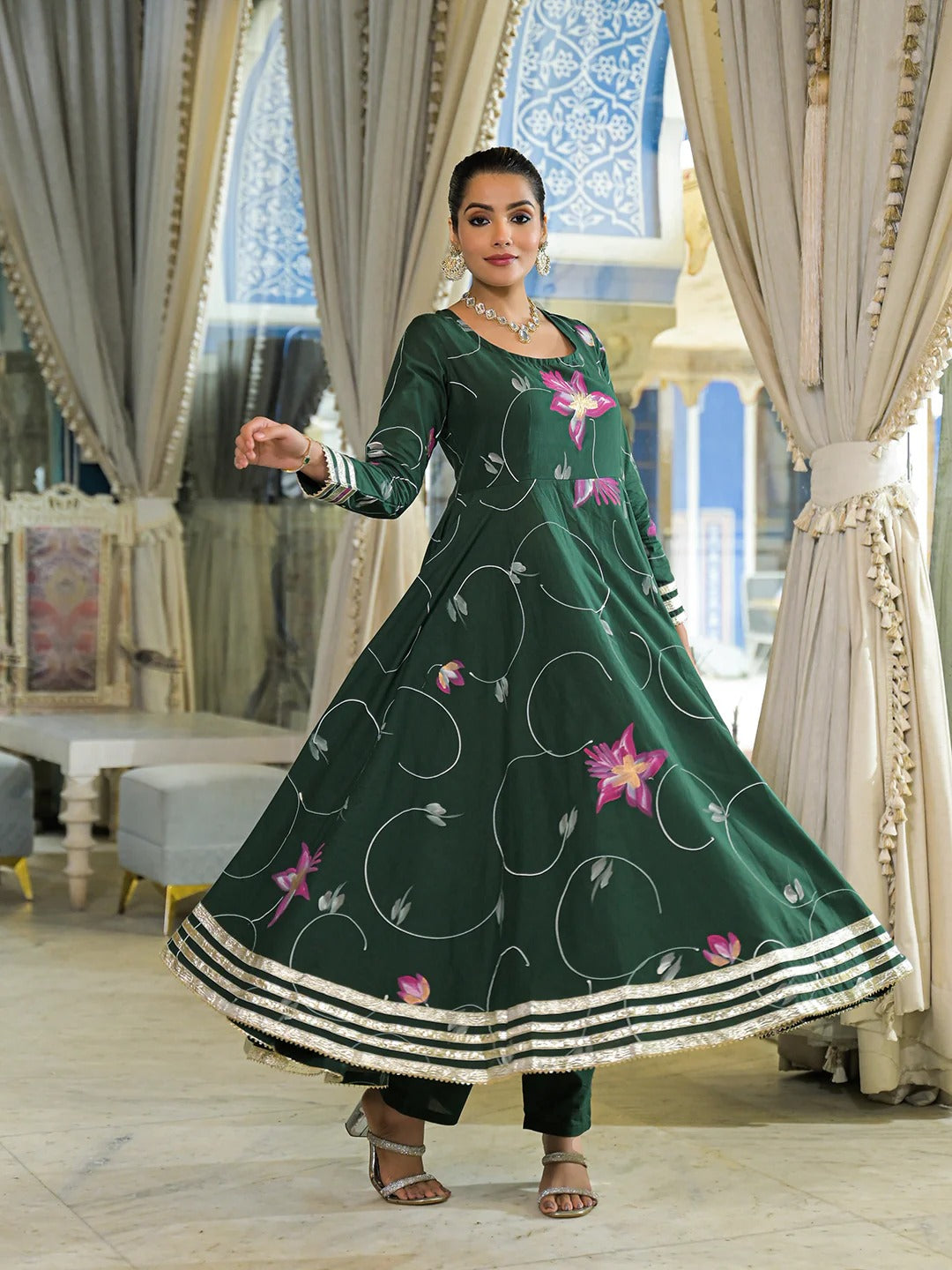 Dark Green Hand Painted Cotton Anarkali Kurta Pant With Dupatta