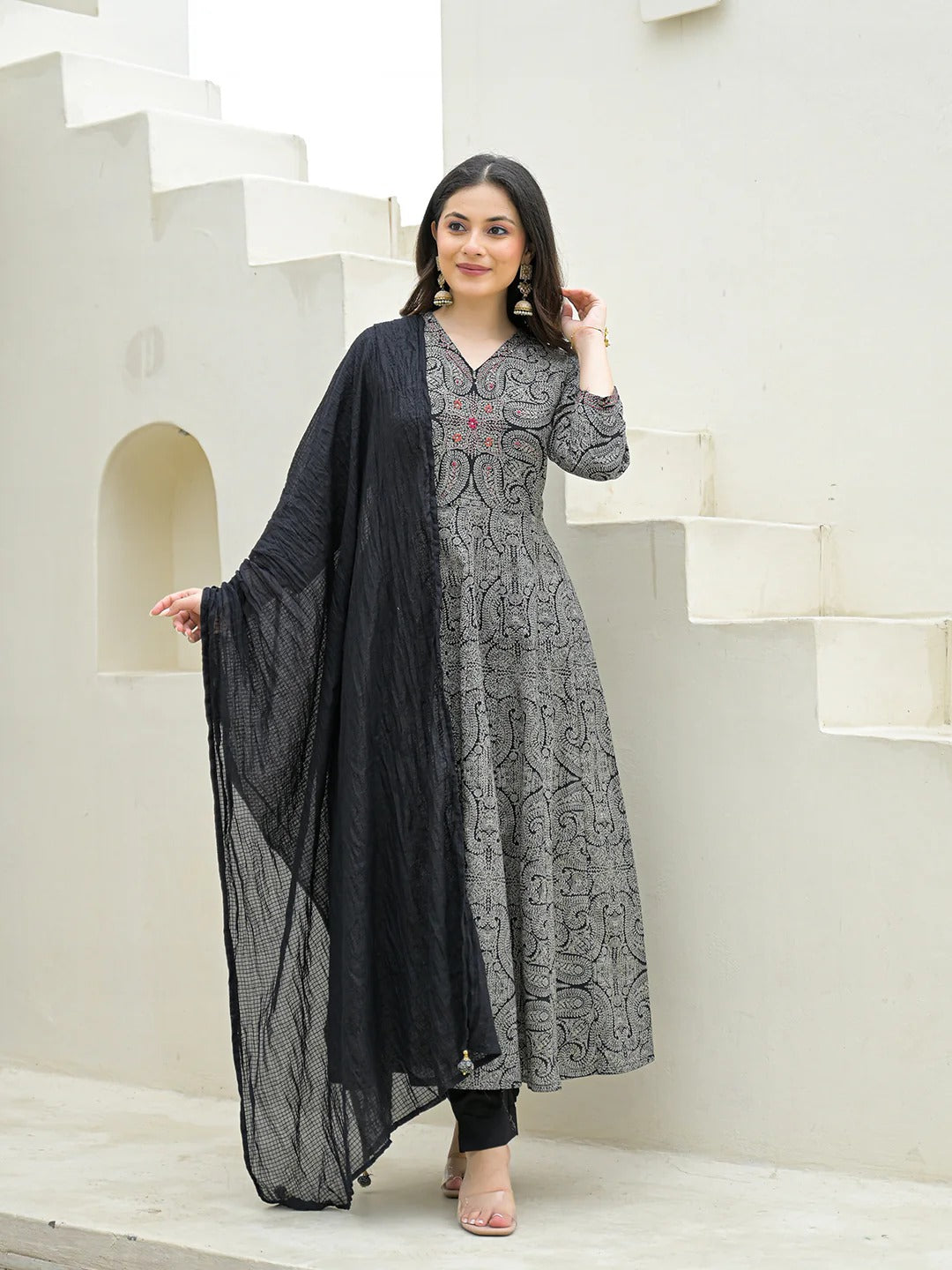 Black Cotton Anarkali kurta Pant Set with Dupatta