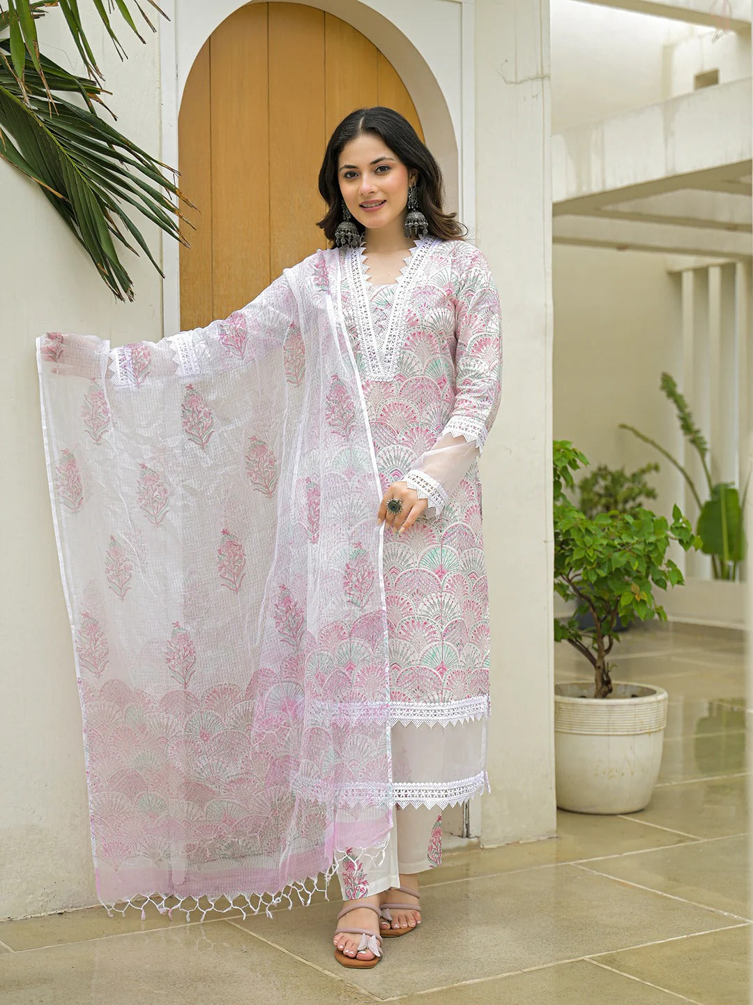 White Cotton Hand Block Straight Kurta Pant Sets With Dupatta