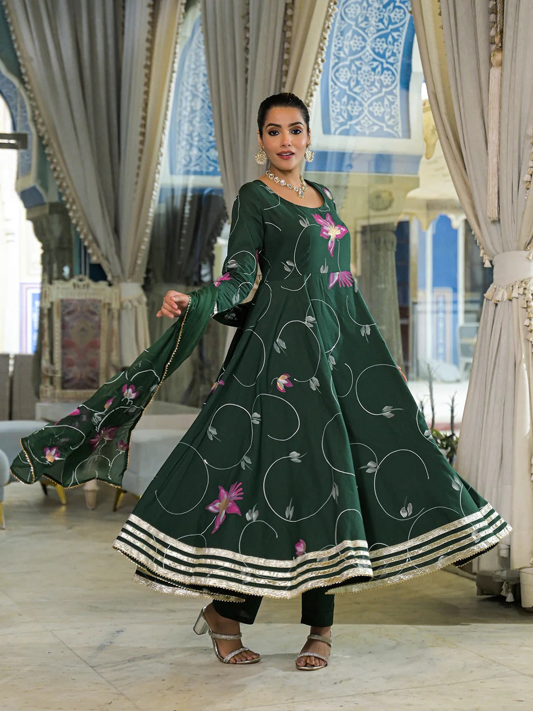 Dark Green Hand Painted Cotton Anarkali Kurta Pant With Dupatta