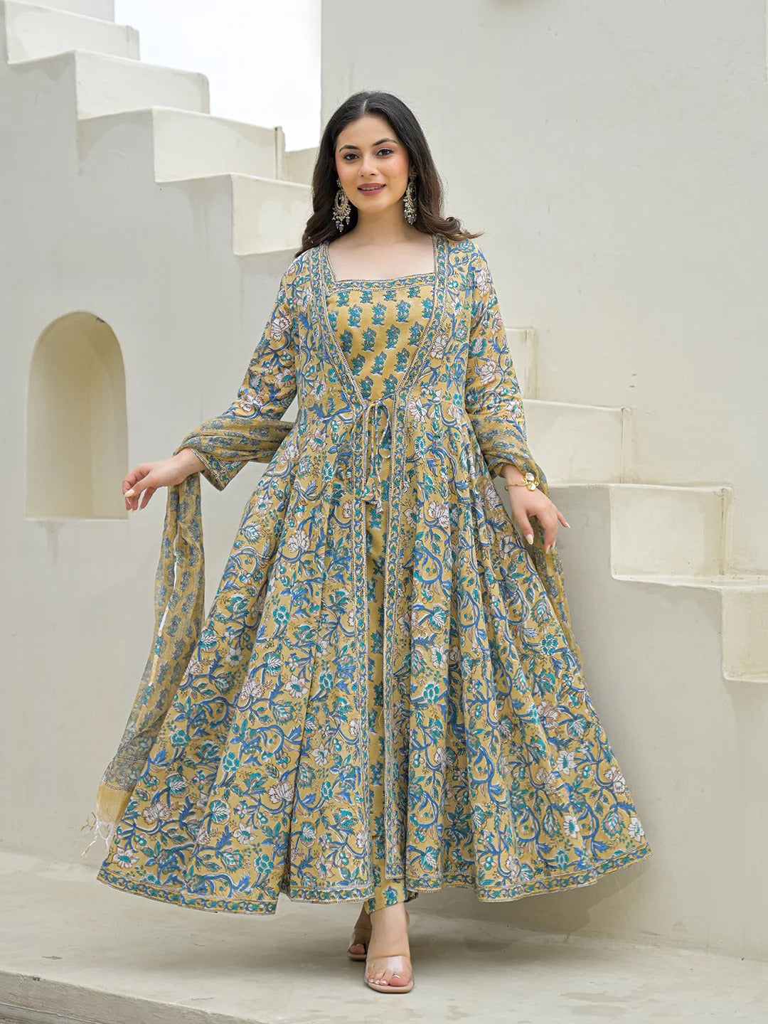 Beige Cotton Hand Block Anarkali Kurta Pant Sets Dupatta with Jecket