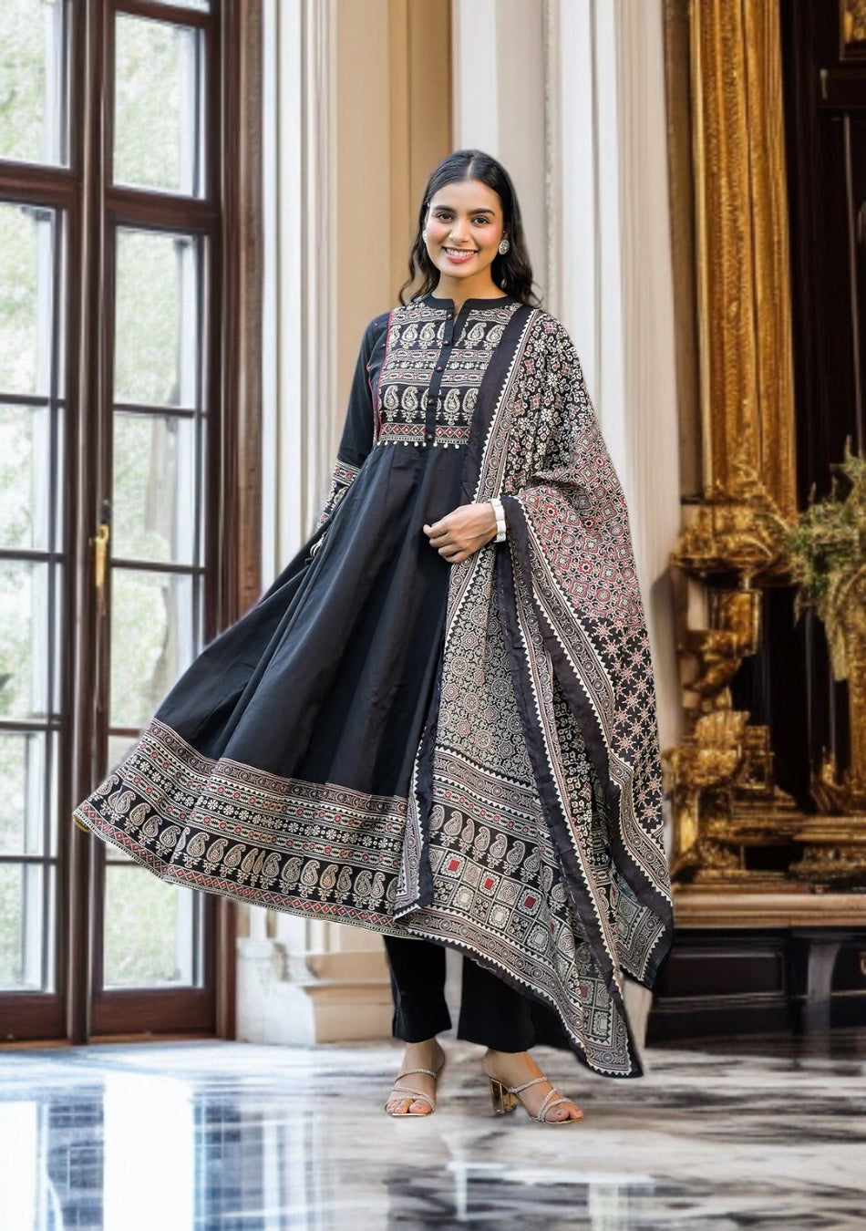 Black Paisley Print Cotton Anarkali Kurta Sets With Dupatta