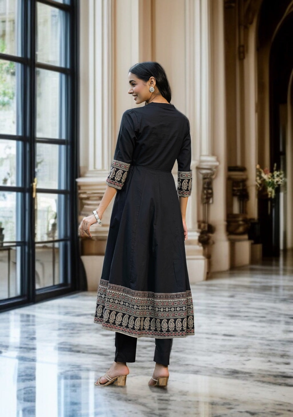 Black Paisley Print Cotton Anarkali Kurta Sets With Dupatta