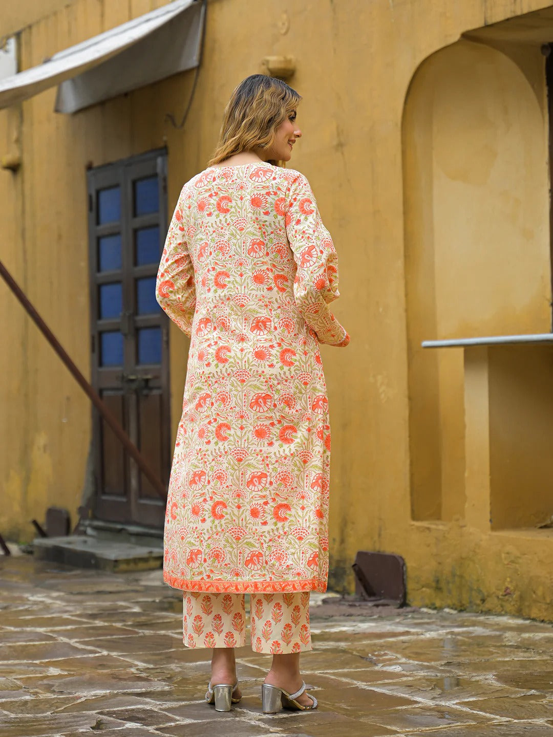 Orange Straight Floral Print Cotton Kurta Sets With Dupatta