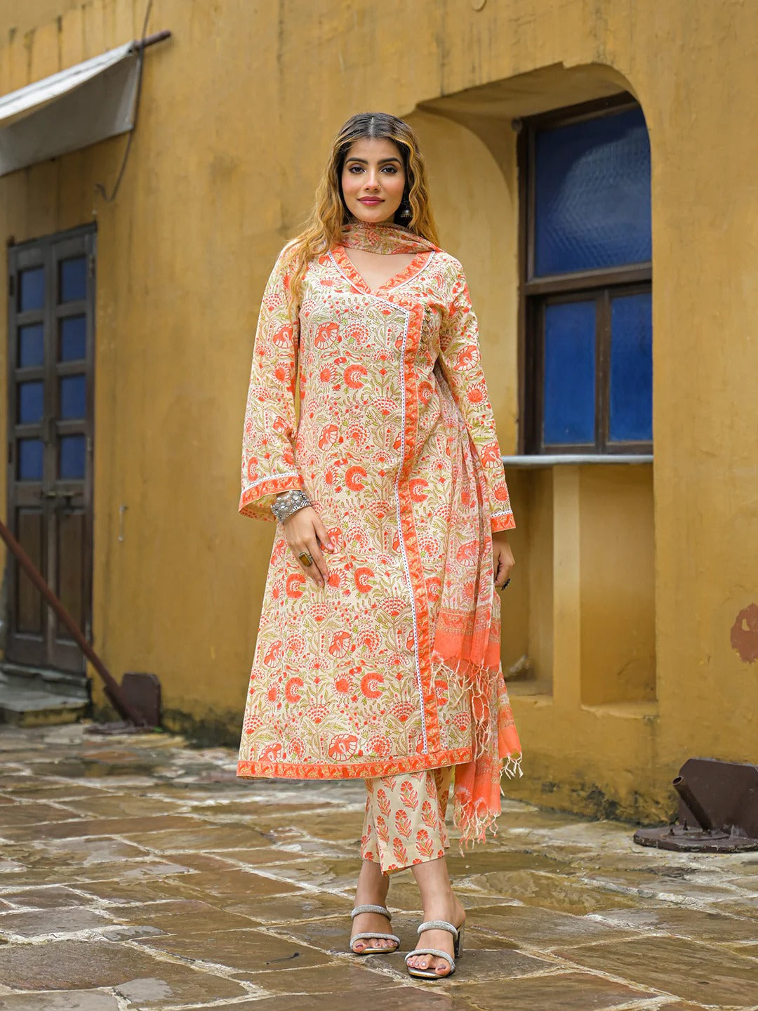 Orange Straight Floral Print Cotton Kurta Sets With Dupatta