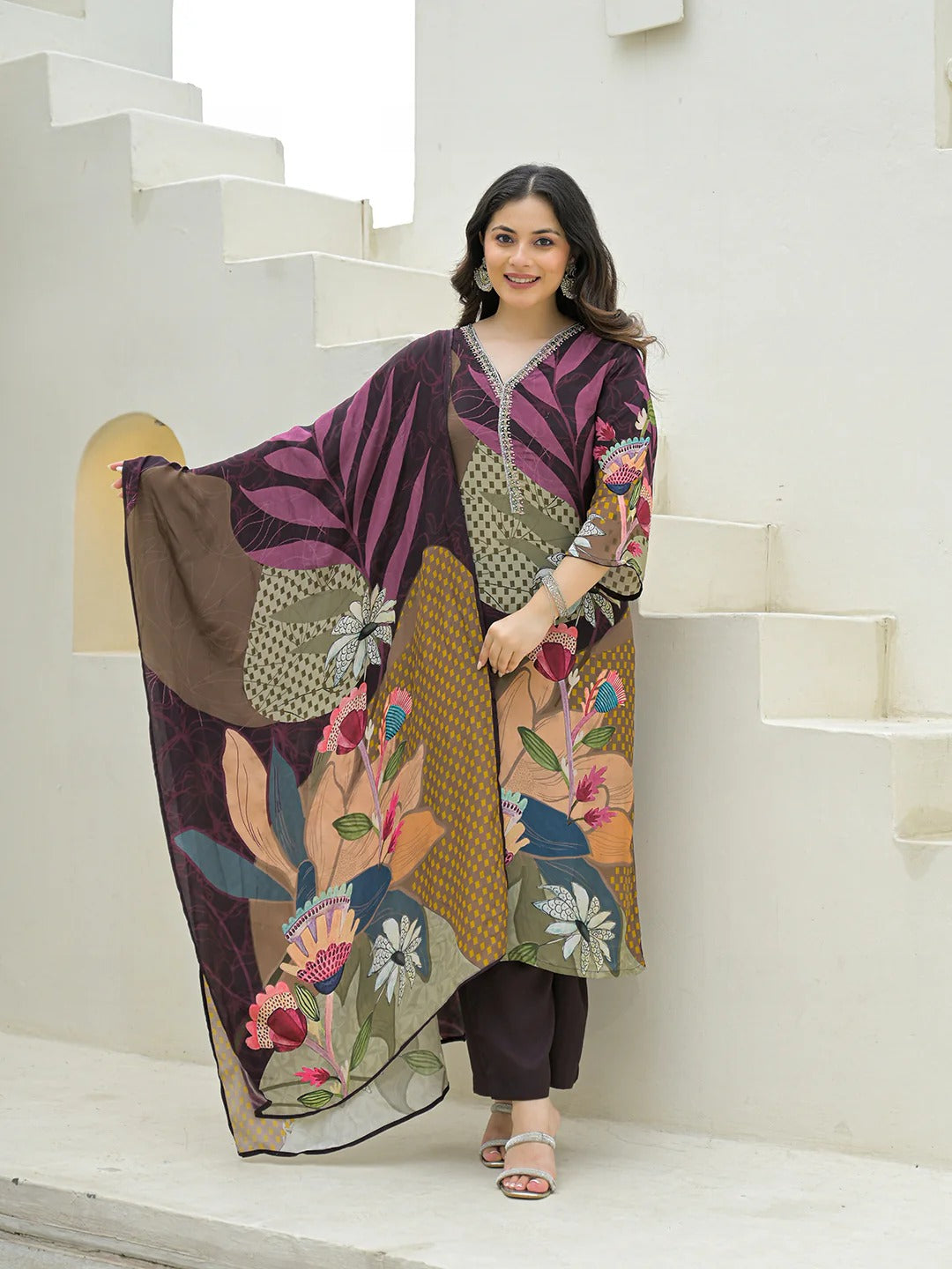 Purple Pure Crepe Digital Print Kurta Pant Set With Dupatta