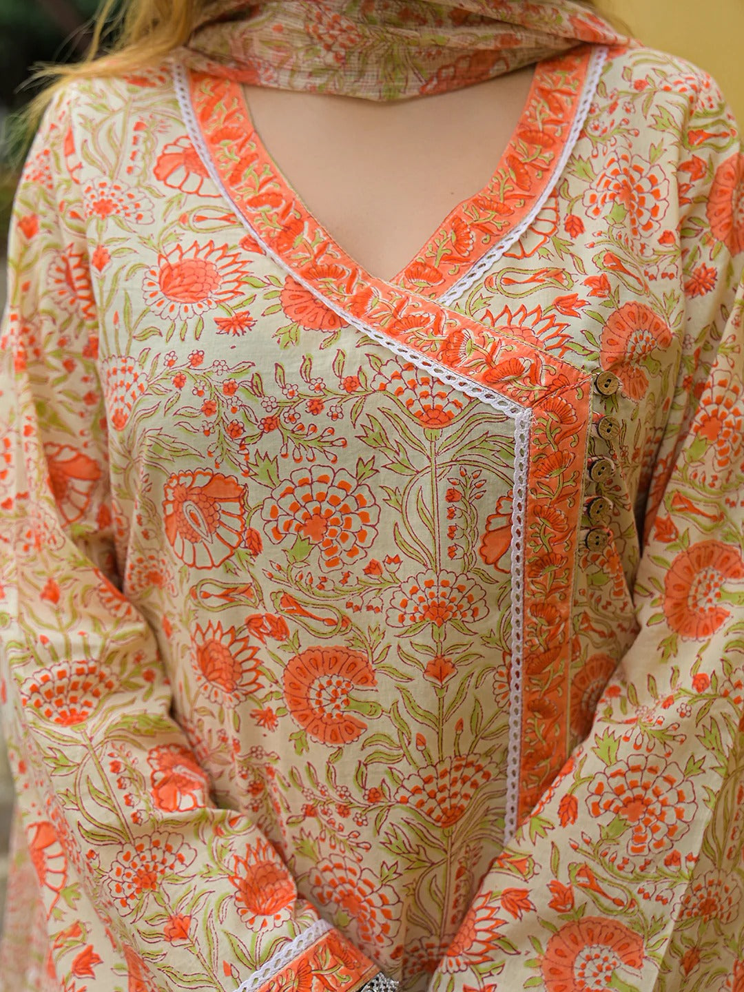 Orange Straight Floral Print Cotton Kurta Sets With Dupatta
