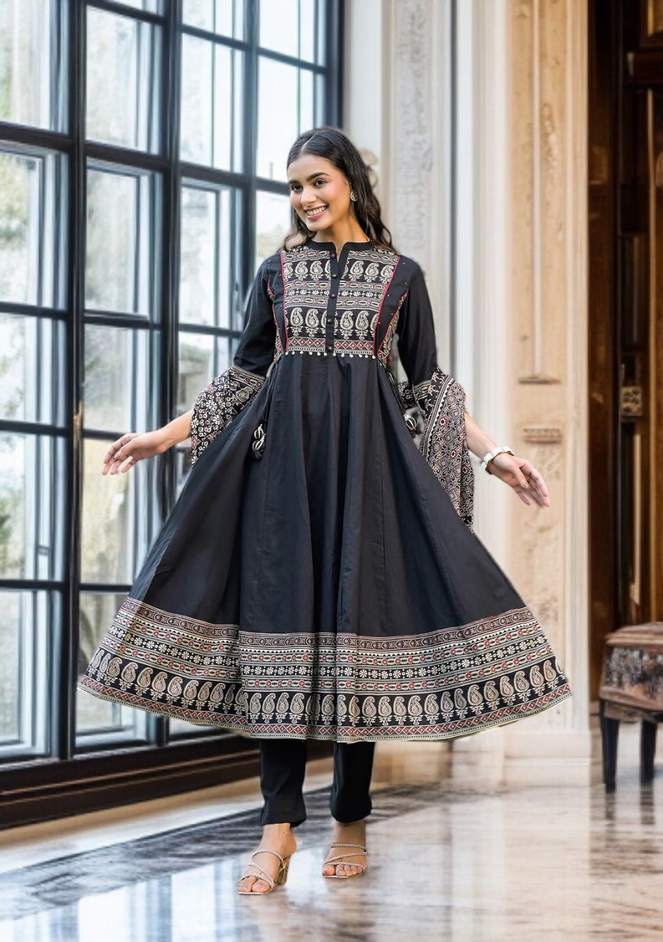 Black Paisley Print Cotton Anarkali Kurta Sets With Dupatta