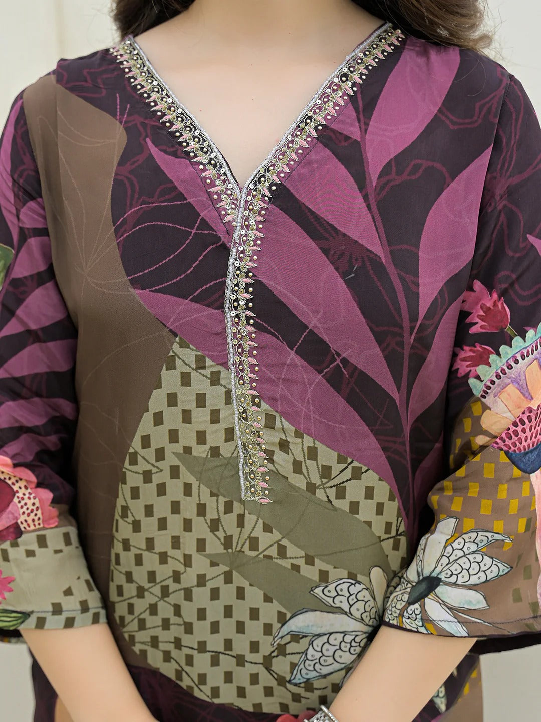 Purple Pure Crepe Digital Print Kurta Pant Set With Dupatta