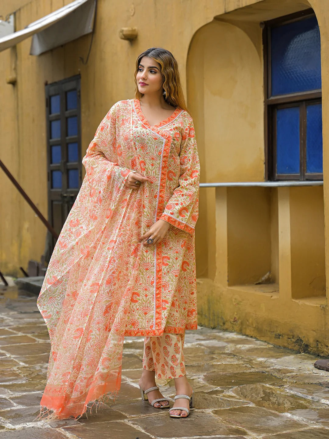 Orange Straight Floral Print Cotton Kurta Sets With Dupatta