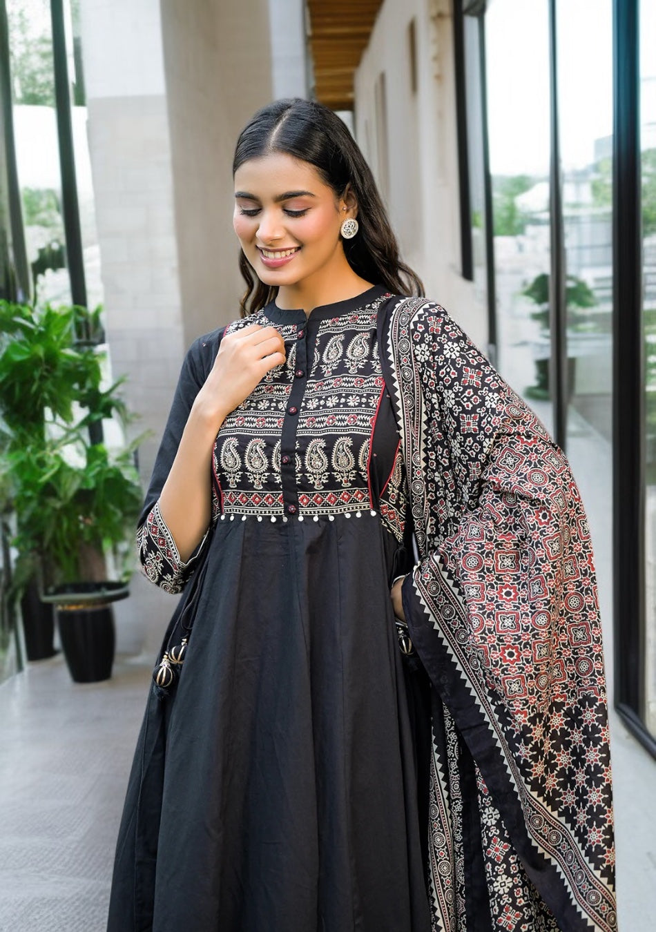 Black Paisley Print Cotton Anarkali Kurta Sets With Dupatta