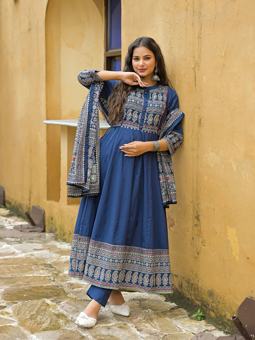 Blue Paisley Print Cotton Anarkali Kurta Pant Set With Dupatta