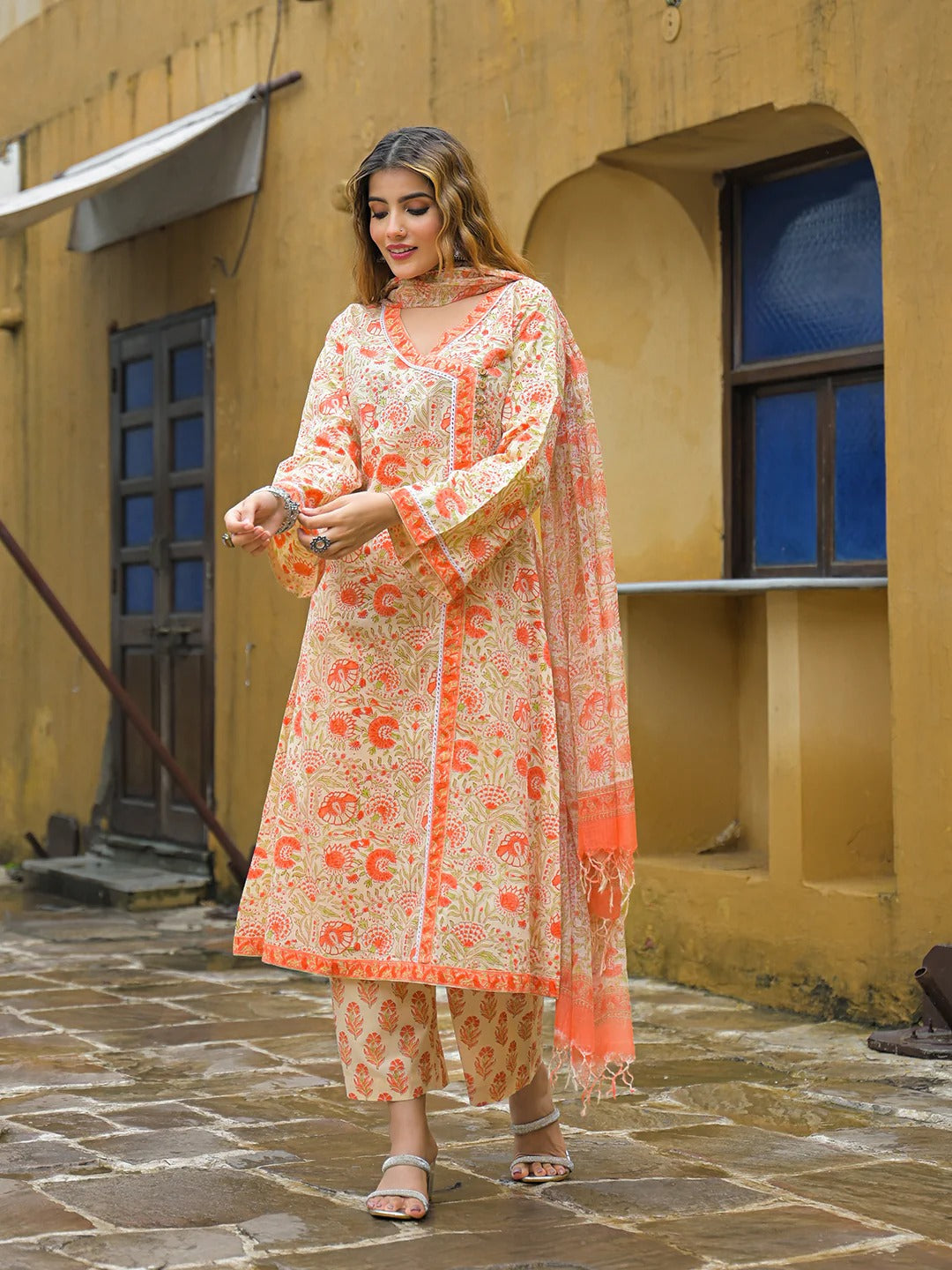 Orange Straight Floral Print Cotton Kurta Sets With Dupatta