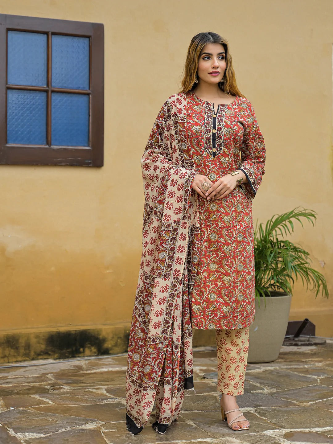 Maroon Hand Block Cotton Straight Kurta Pant With Dupatta