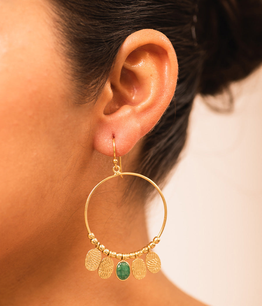 Gold Loop Beaded Earrings with Emerald