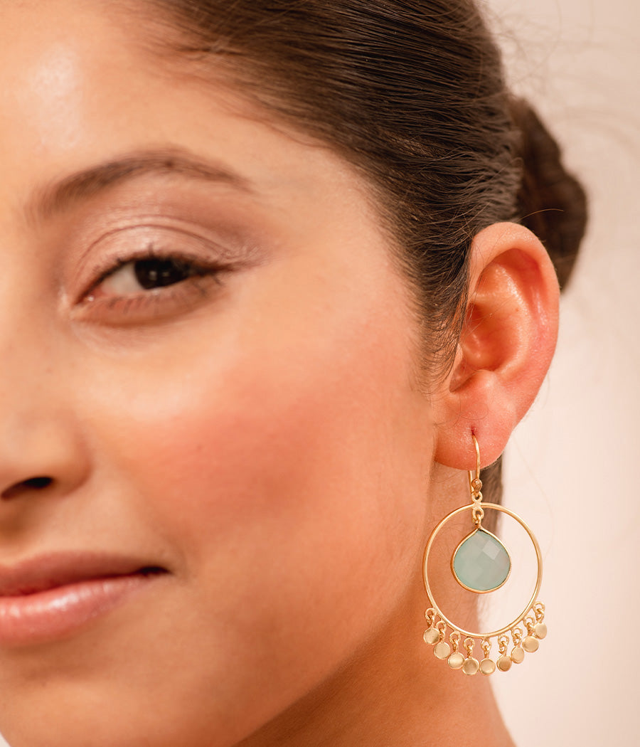 Gold-Plated Round Loop Aqua Chalcedony Earrings