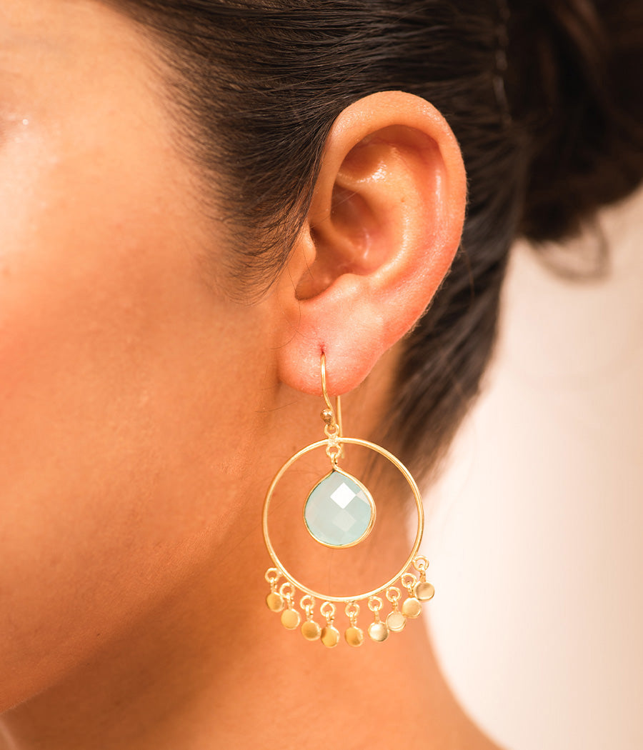 Gold-Plated Round Loop Aqua Chalcedony Earrings