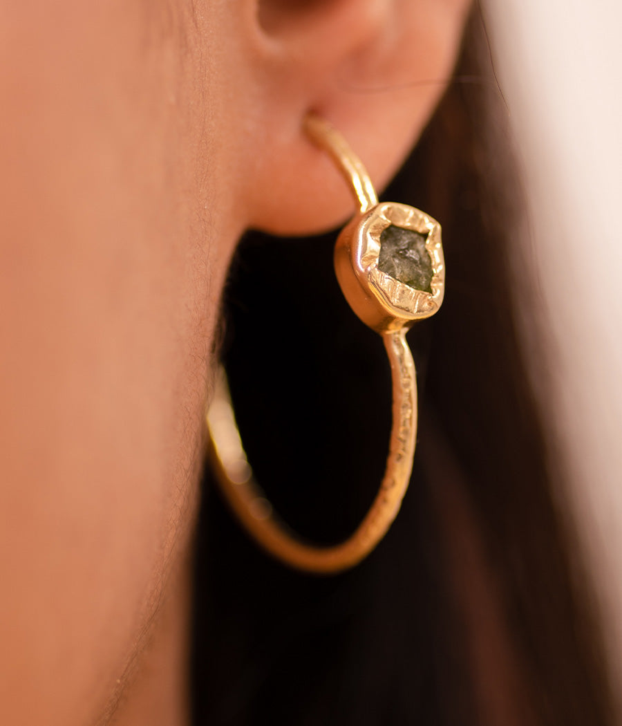 Rough Peridot Gold Loop Earrings