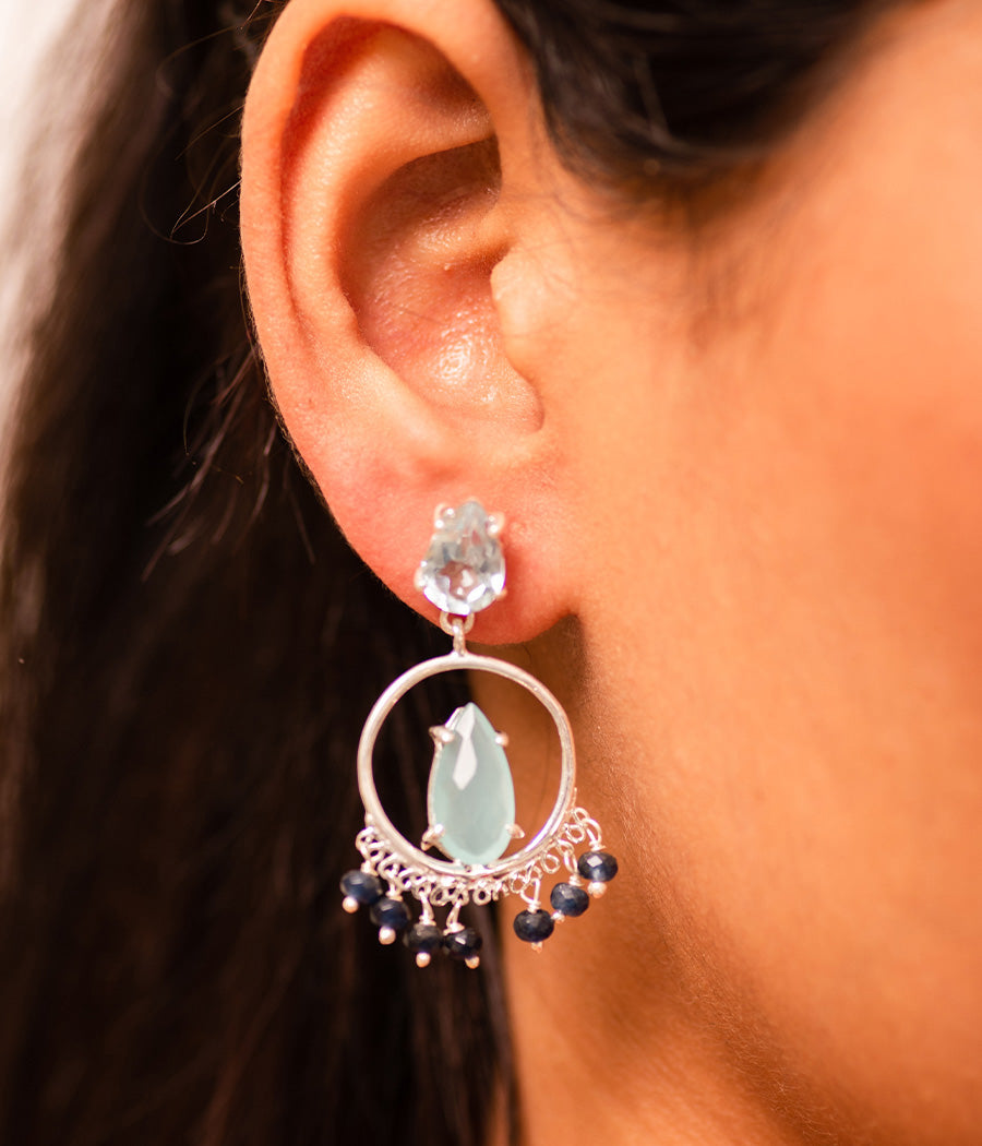 Water Blue 3-Gemstone Beaded Loop Earrings