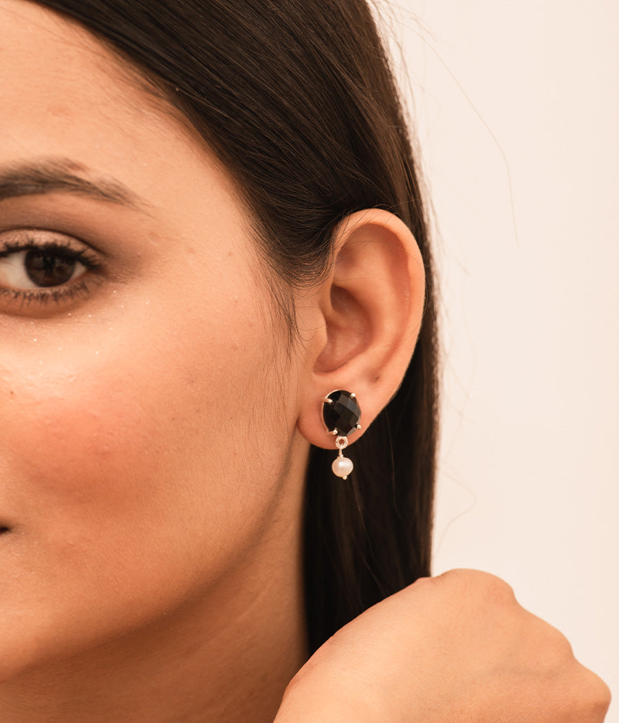 Oyster Drop Black Onyx and Pearl Earrings