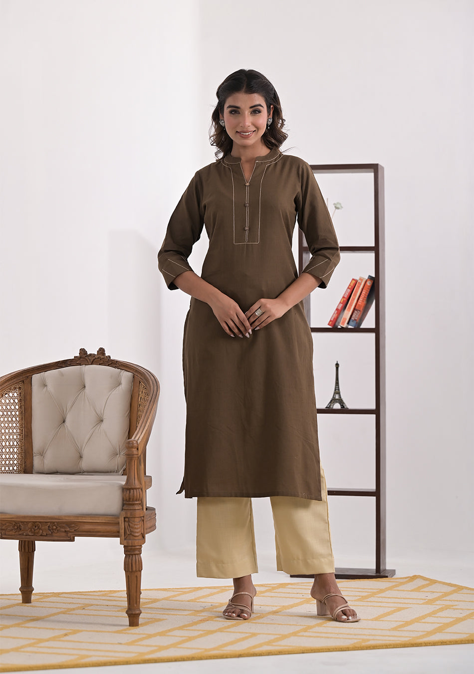 Mocha Solid Cotton Kurta