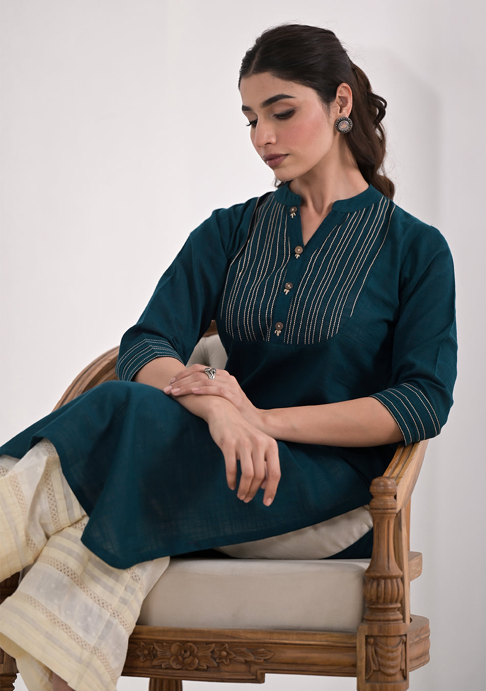 Teal Blue Solid Straight Kurta