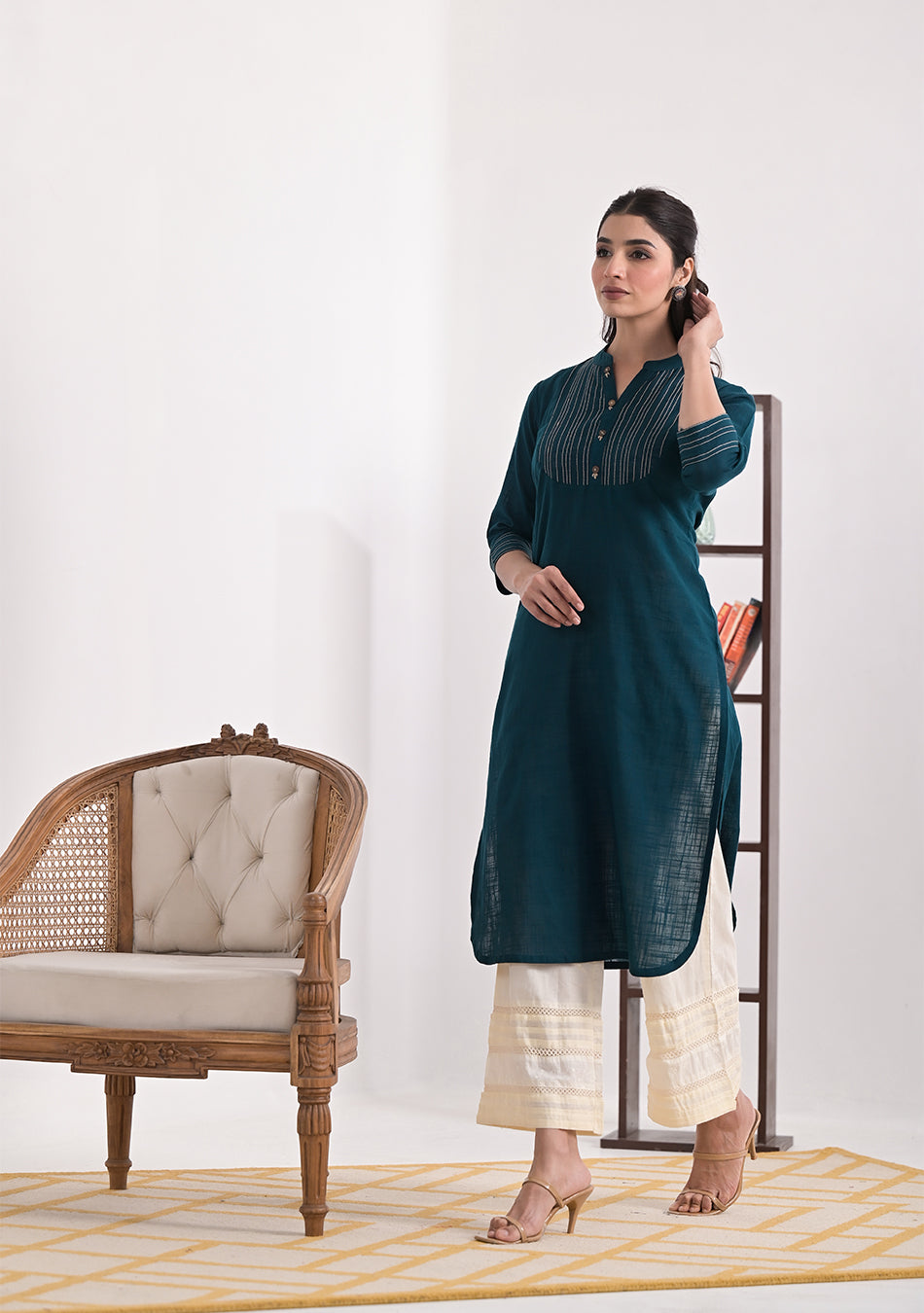 Teal Blue Solid Straight Kurta