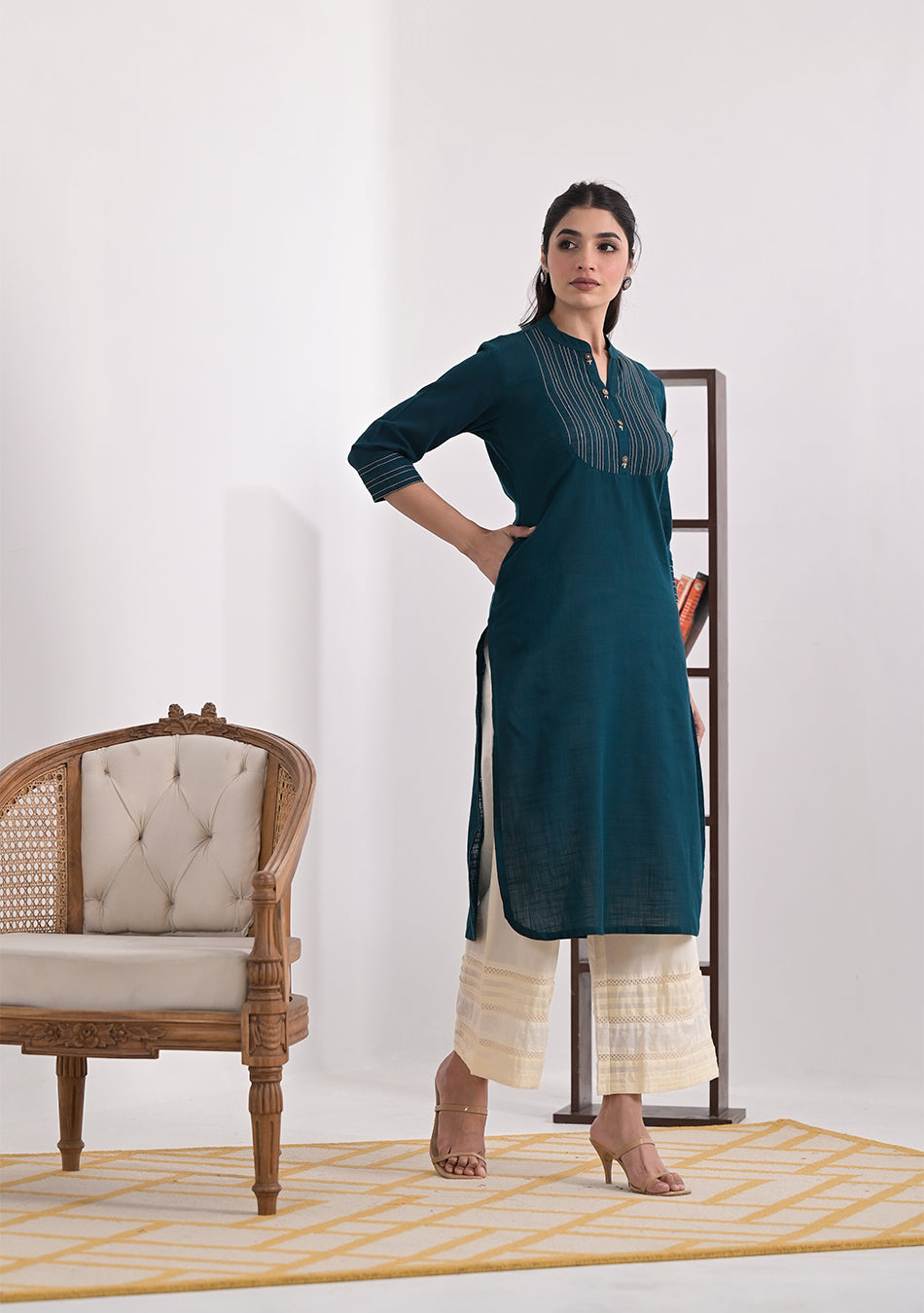 Teal Blue Solid Straight Kurta