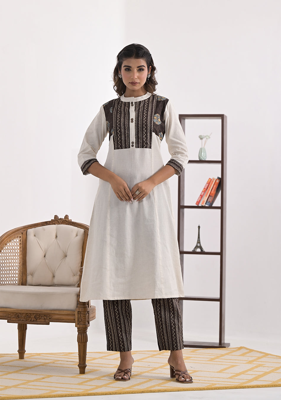 Cream Solid Kurta with Patchwork