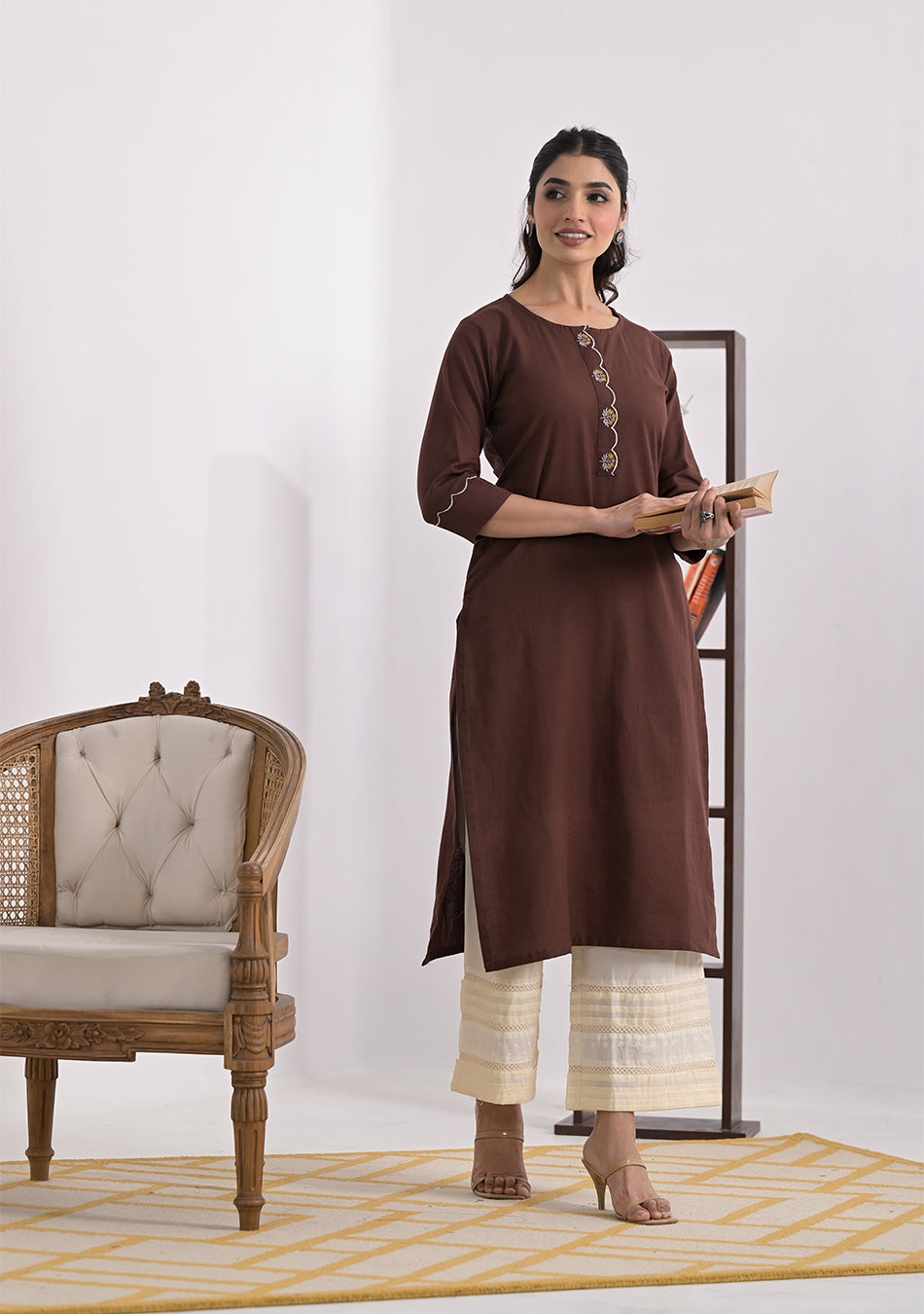 Brown Solid cotton Slub Kurta