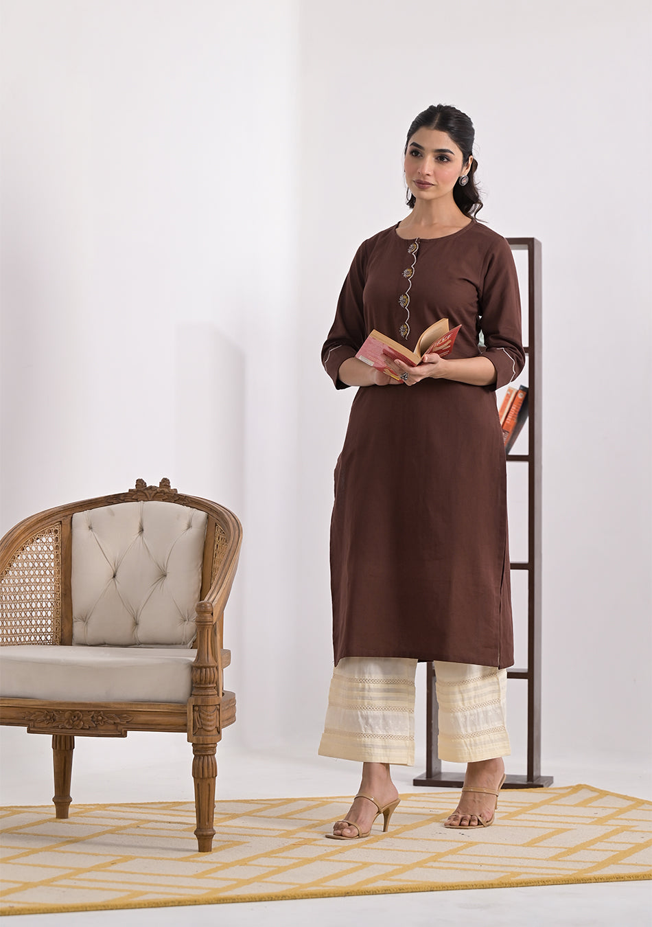 Brown Solid cotton Slub Kurta