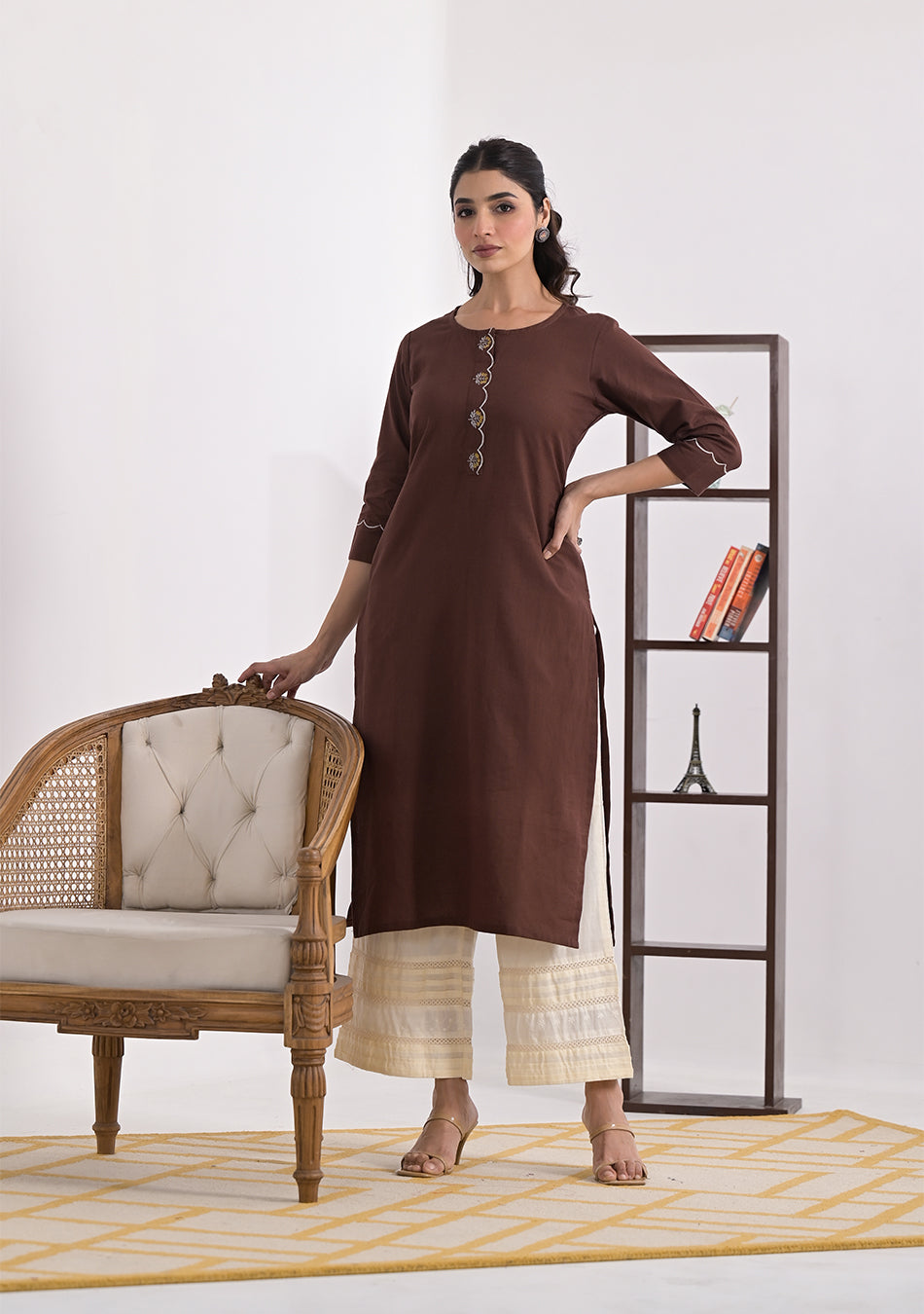 Brown Solid cotton Slub Kurta