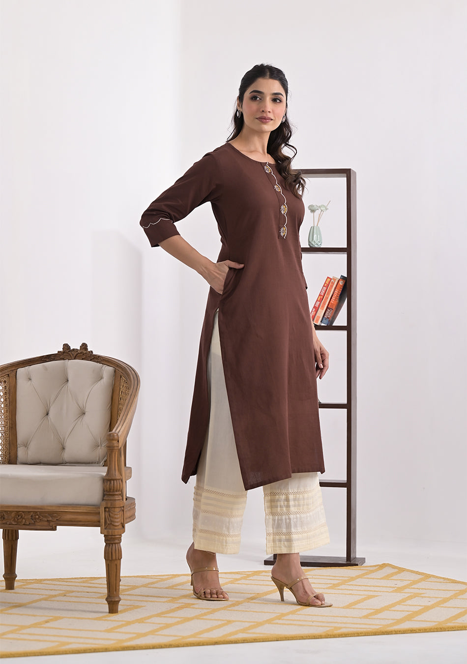 Brown Solid cotton Slub Kurta