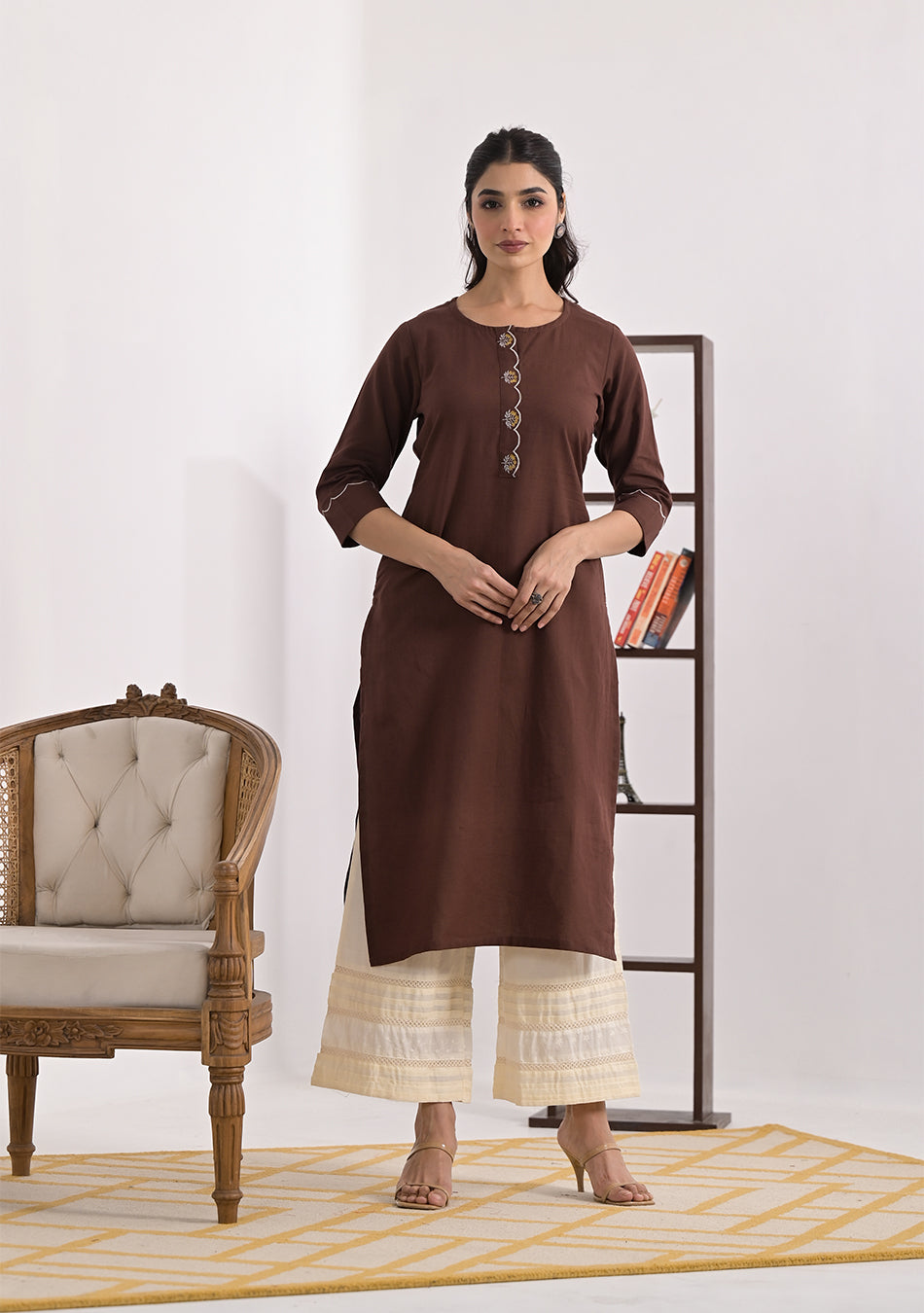 Brown Solid cotton Slub Kurta