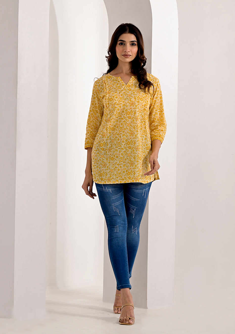 Lemon  Floral Printed Kurti