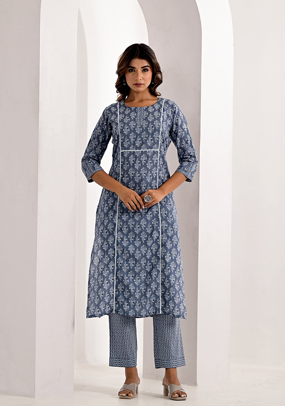 Steel Grey Printed Cotton Kurta with Trouser