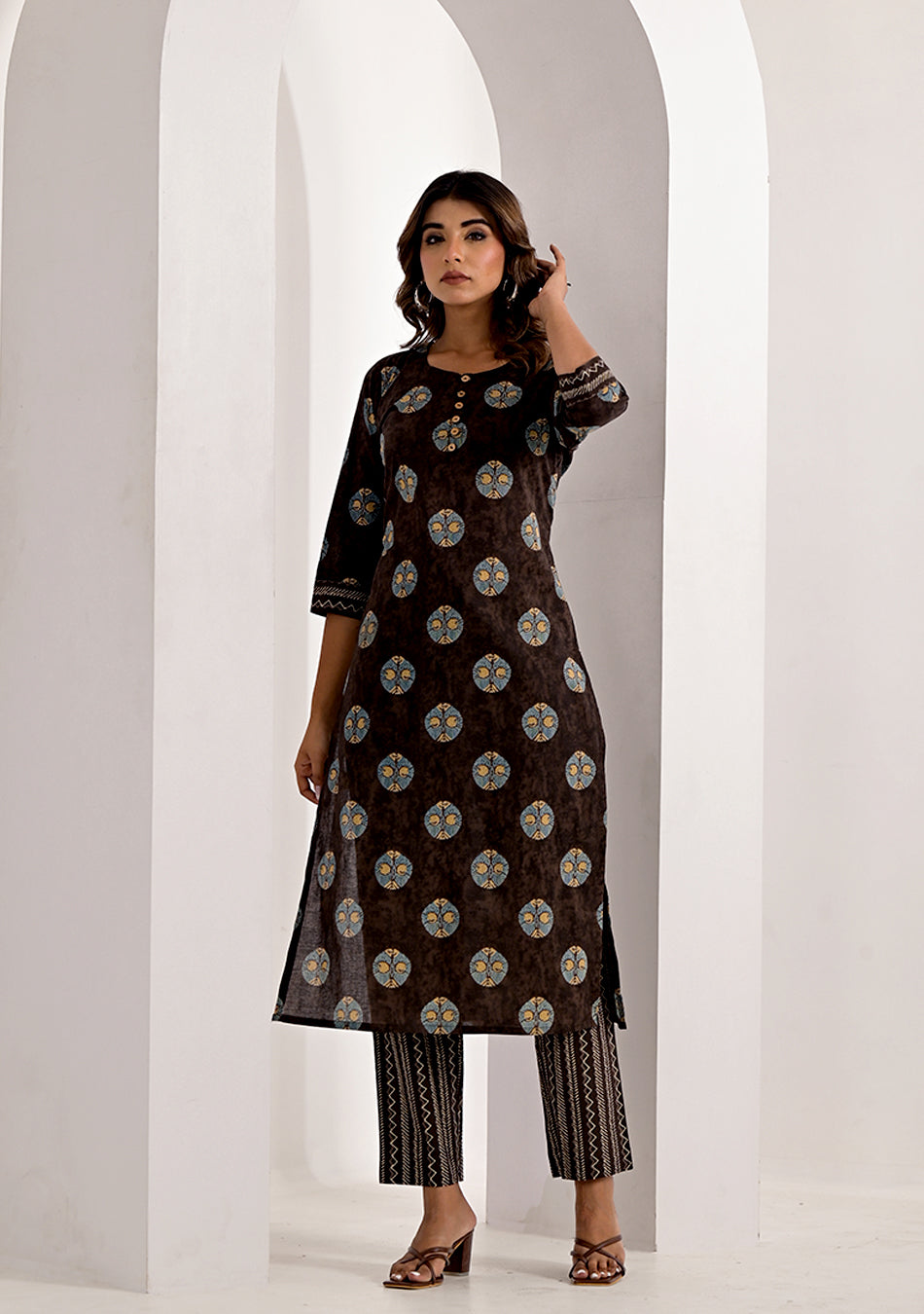 Cinnamon Brown Printed Kurta Pant Set