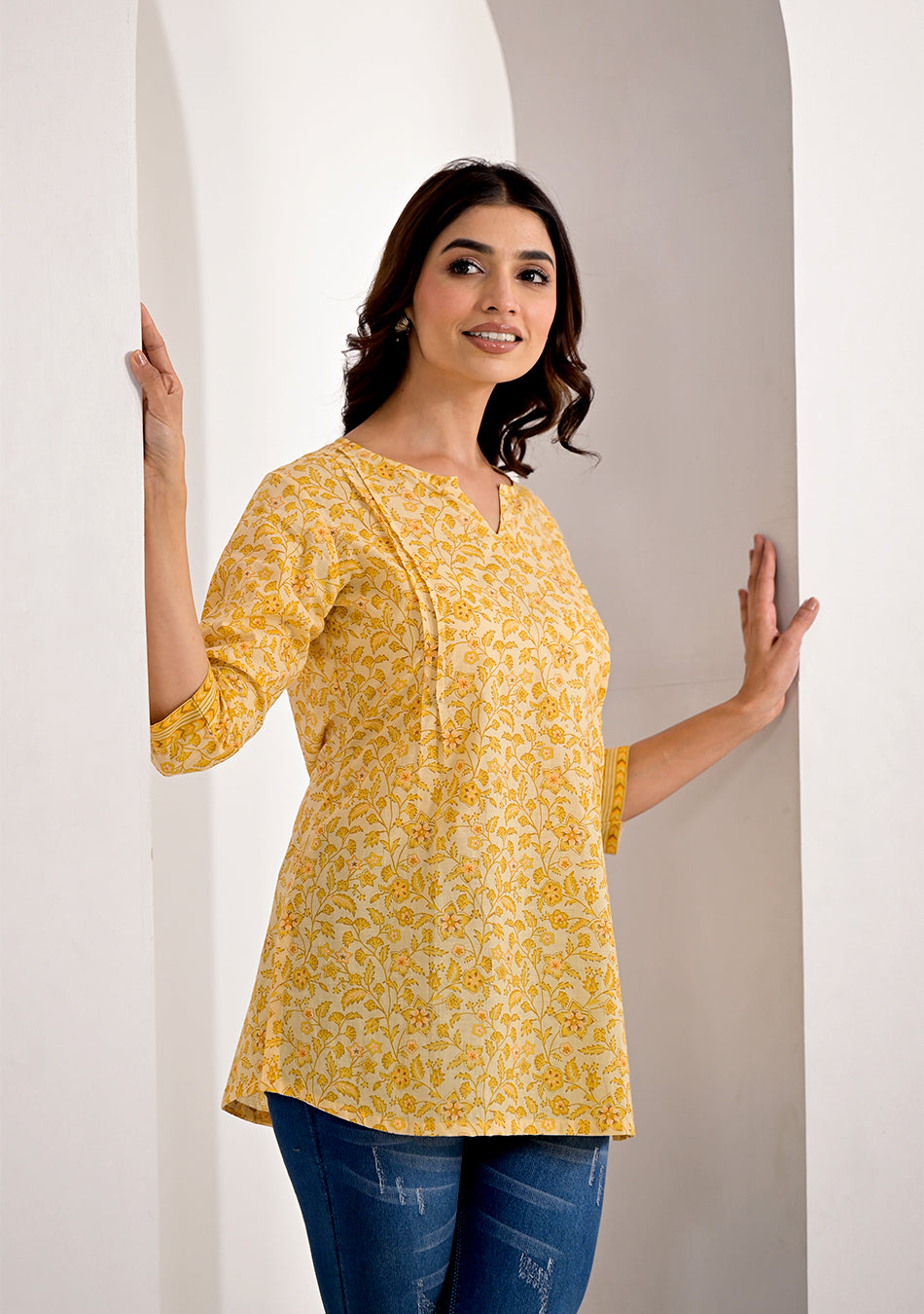 Lemon  Floral Printed Kurti