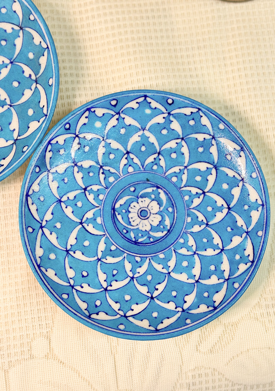 White Flowers Design Handmade Blue Pottery Decorative Platter