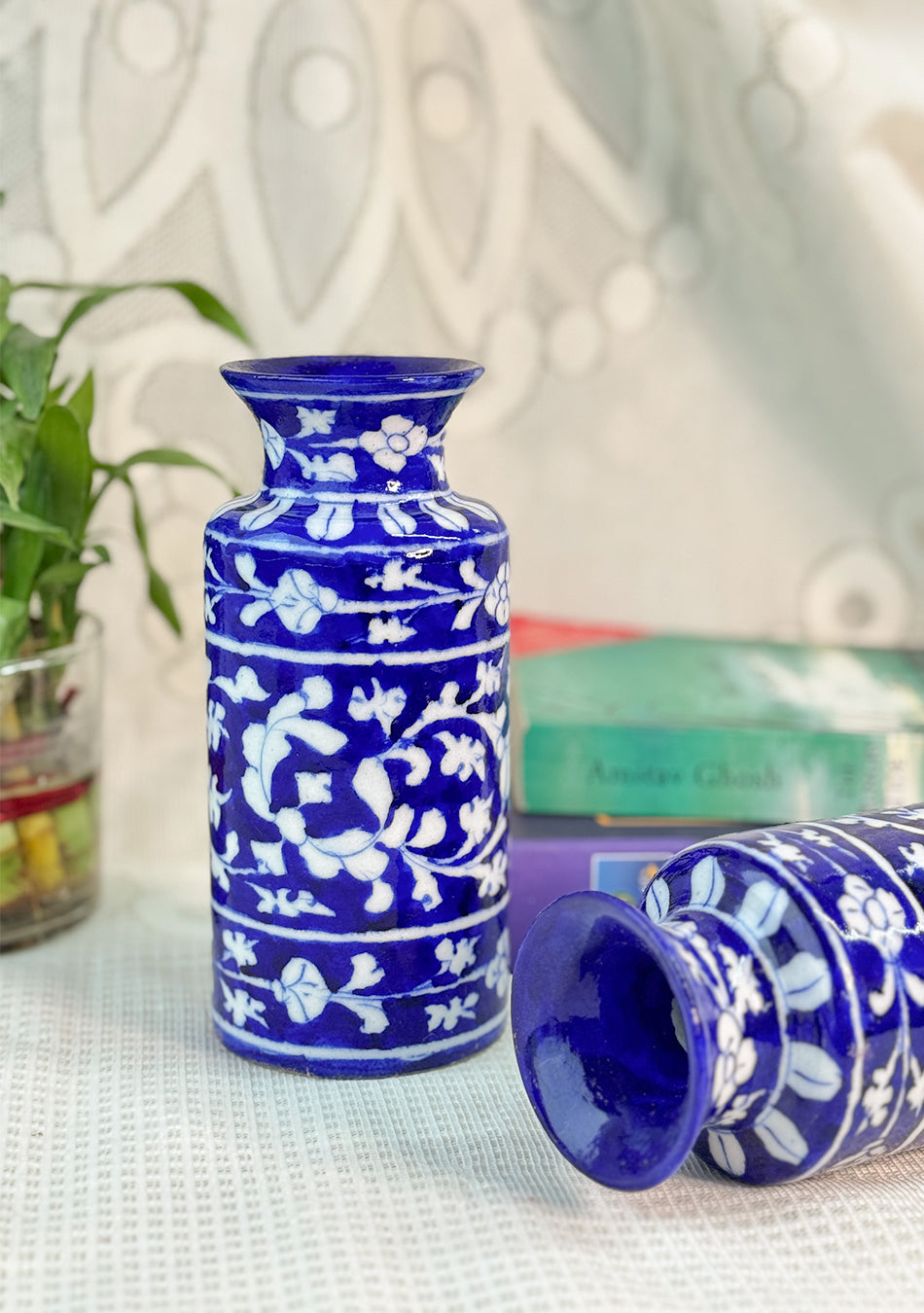 Blue Pottery White Floral Can Vase