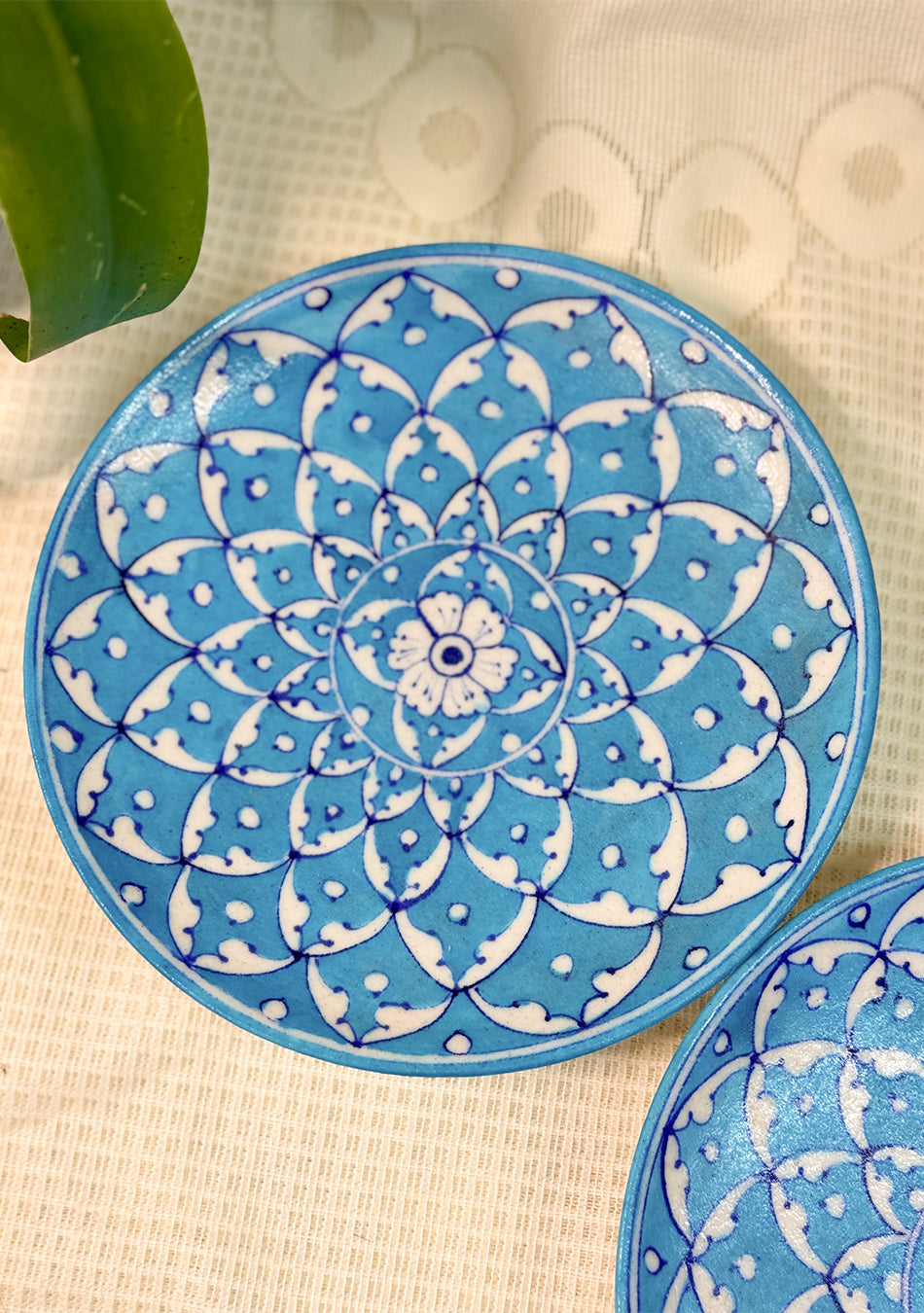 White Flowers Design Handmade Blue Pottery Decorative Platter